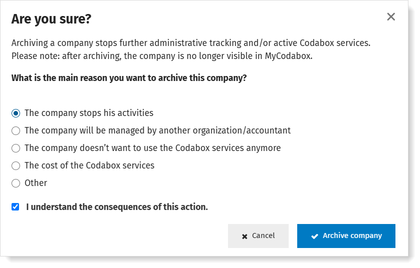 Confirm the archiving of a company via MyCodaBox