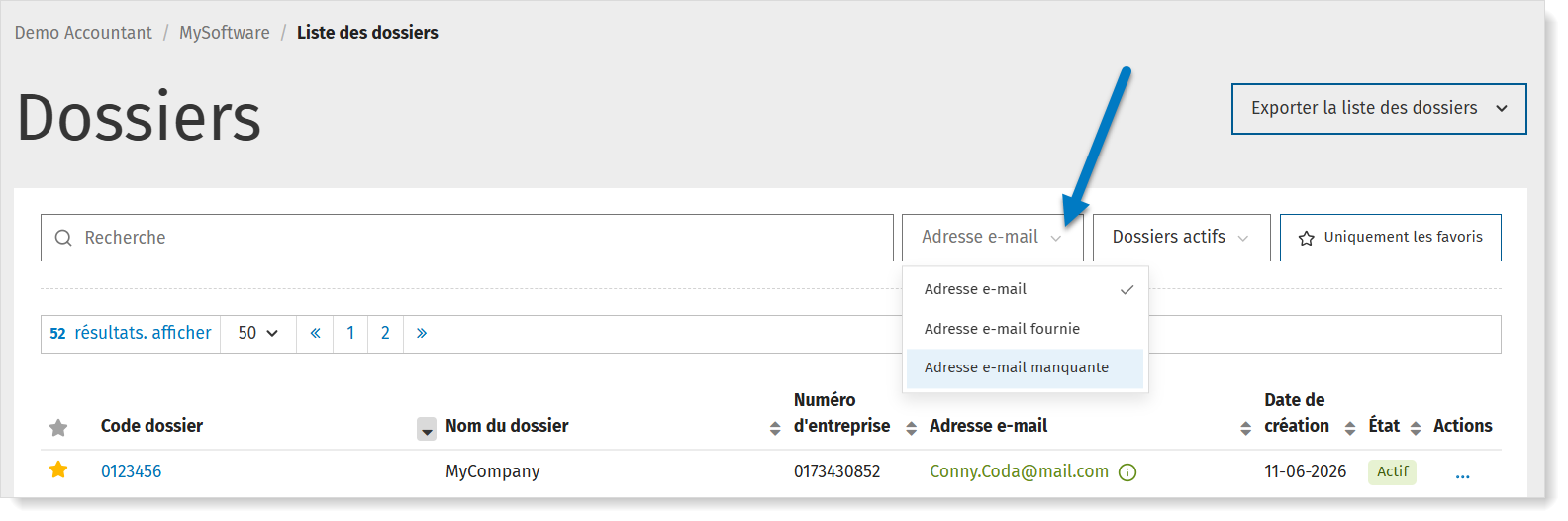 Trier les dossiers par adresse e-mail manquante dans MyCodaBox