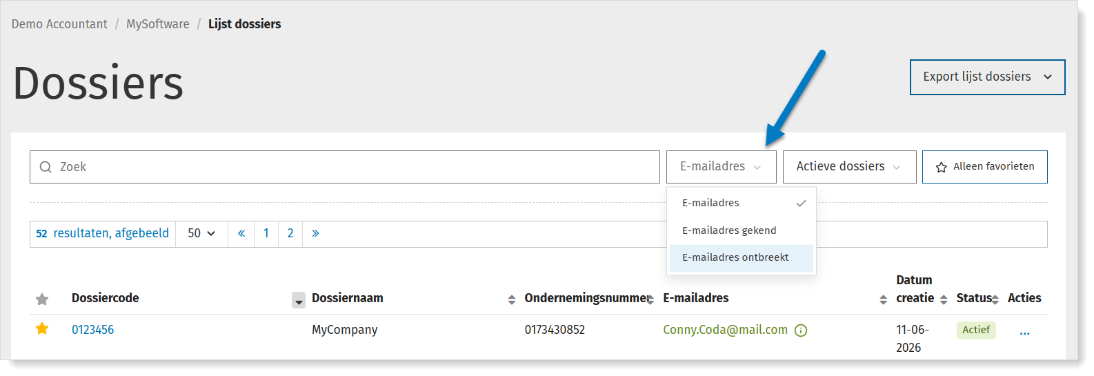 Dossiers filteren op ontbrekend e-mailadres in MyCodaBox