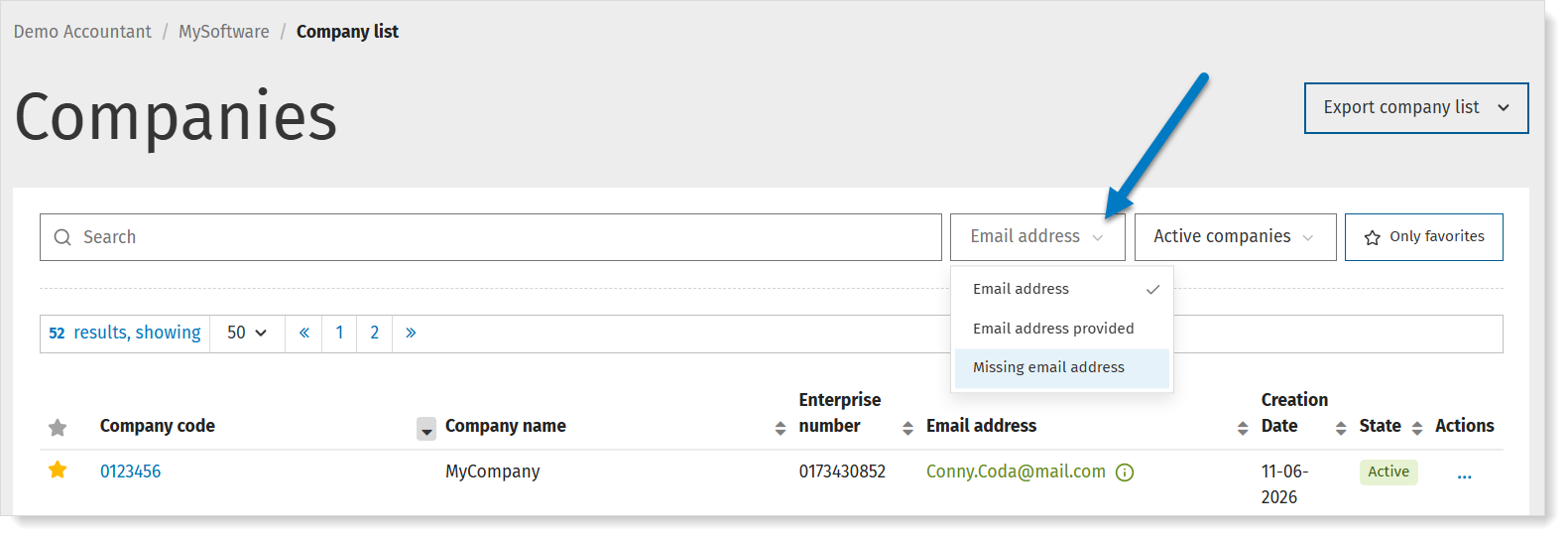 Filter companies by missing email address in MyCodaBox