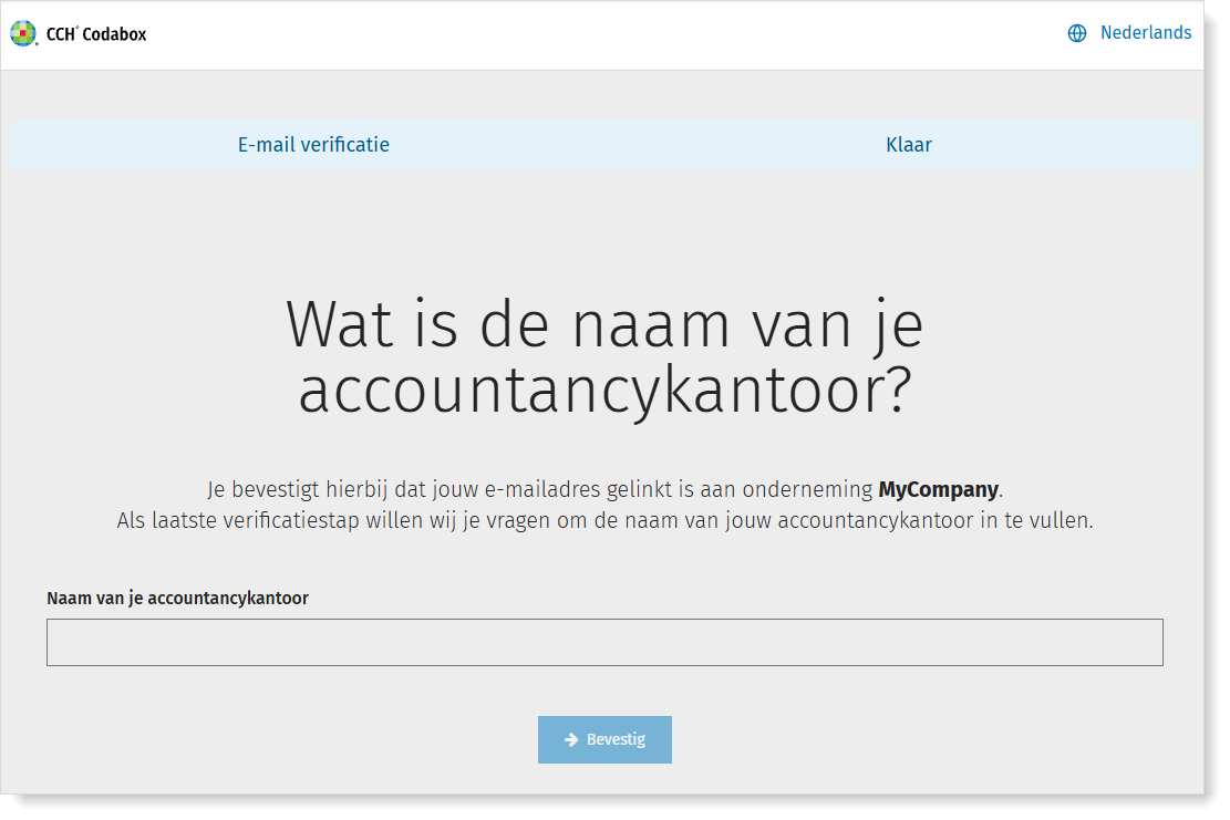 Bevestigingsformulier voor het e-mailadres dat CodaBox zal gebruiken stap 1: Ik vul de naam van mijn boekhouder in