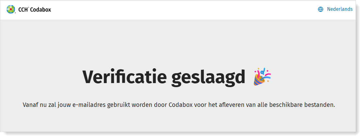 Bevestigingsformulier voor het e-mailadres dat CodaBox zal gebruiken: mijn adres is geverifieerd