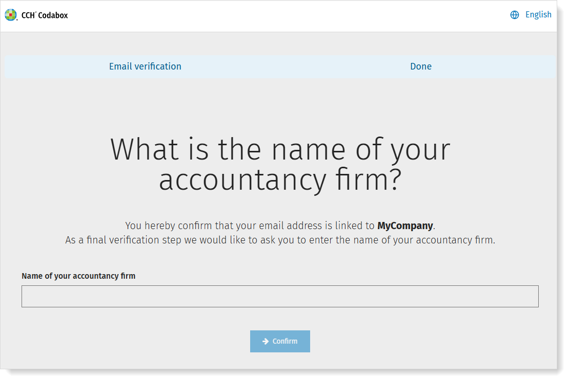 Confirmation form for the e-mail address that will be used by CodaBox step 1: I enter the name of my accountant