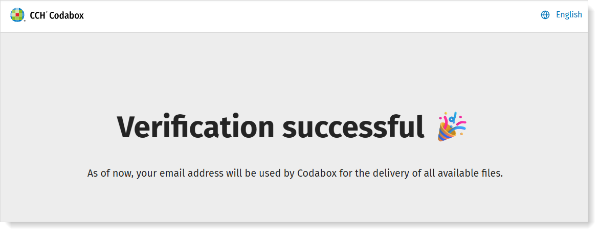 Confirmation form for the e-mail address that will be used by CodaBox step 3: my address is verified