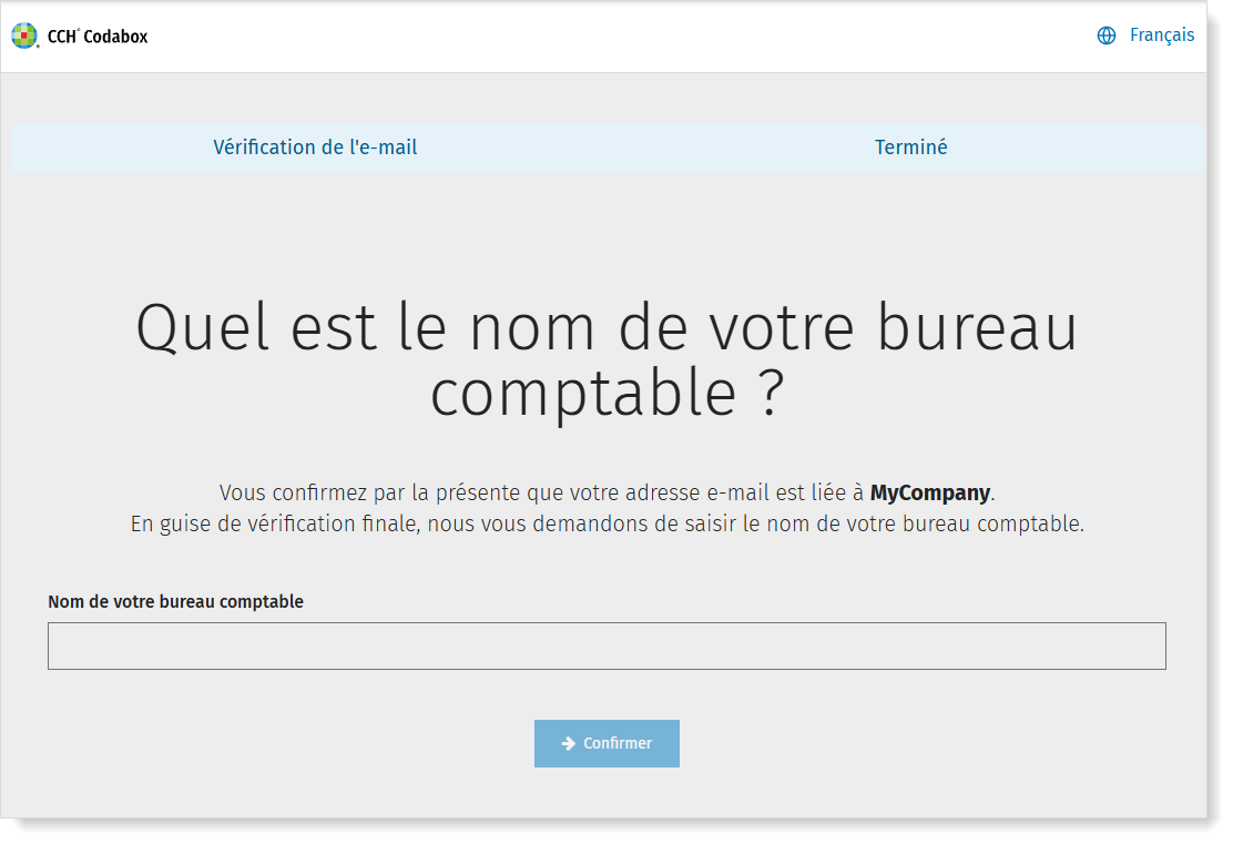 Formulaire de confirmation de l'adresse e-mail qui sera utilisée par CodaBox étape 1 : j'introduis le nom de mon comptable