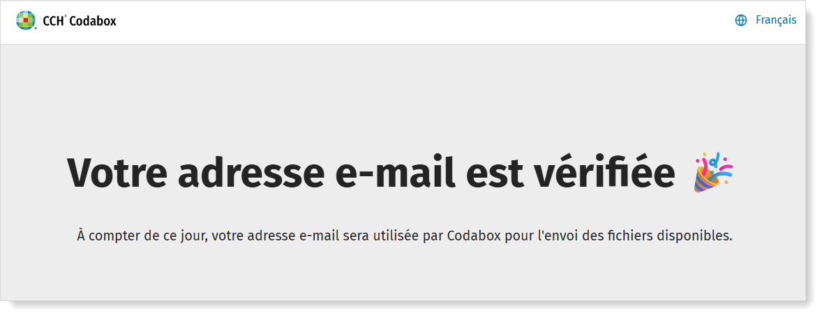 Formulaire de confirmation de l'adresse e-mail qui sera utilisée par CodaBox étape 3 : mon adresse est vérifiée