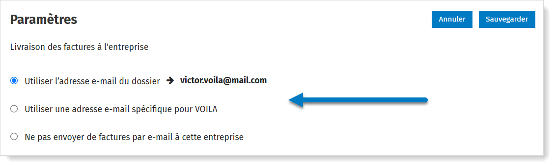 Paramètres pour l'envoi des factures par e-mail