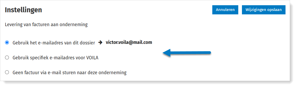 VOILA - selecteer het adres van de onderneming waarop de facturen moeten toekomen