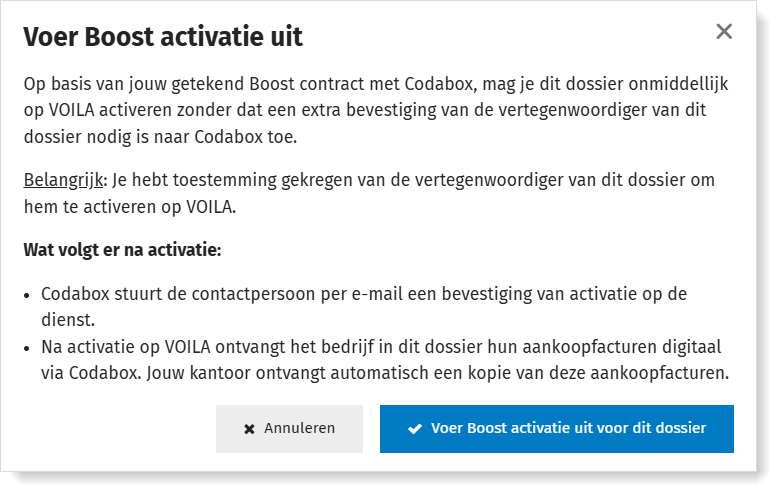 Bevestig de VOILA activatie via Boost voor 1 klant in MyCodabox