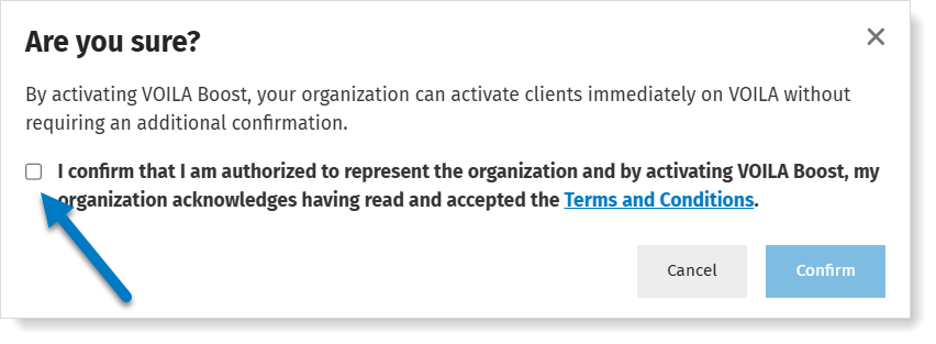 Confirm VOILA Boost: accept the Terms and Conditions