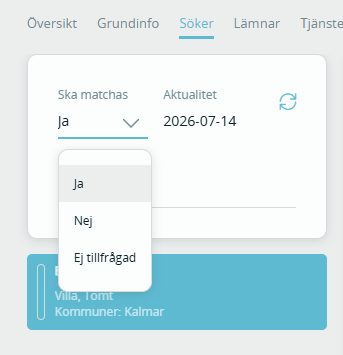 Bildtext: Gränssnittsvy över inställningar under fliken Söker, gällande matching