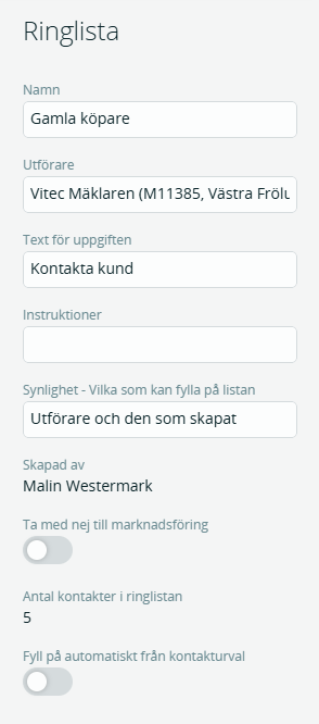 Bildtext: Gränssnittsvy över inställningarna för en ringlista.