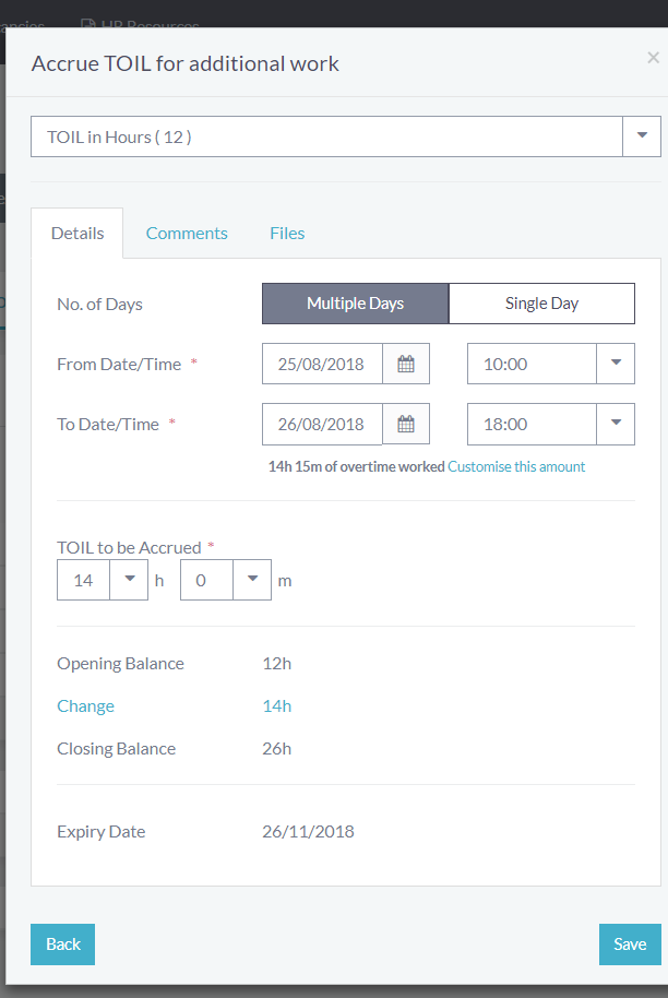 Accrue and use Time Off in Lieu (TOIL) in hours CiviHR Support
