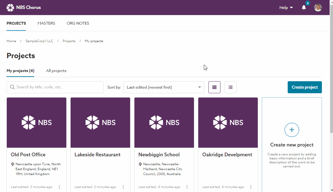 Animation showing the Chorus 'My projects' tiles and grid