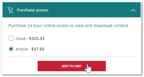 The purchase access option, with examples of the article or issue pricing choices and the add to cart button.