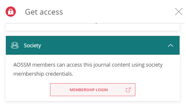 The "Get Access" and "Society" option, as shown for The American Journal of Sports Medicine. There is a "Membership Login" button displayed with a message that says "AOSSM members can access this journal content using society membership credentials"