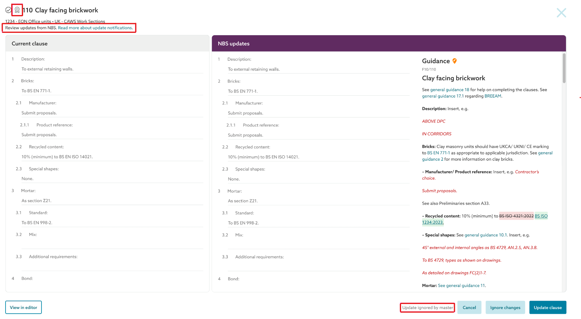 This is an image of the 'Comparison Previewer' for NBS updates with details of how it was actioned in the master.