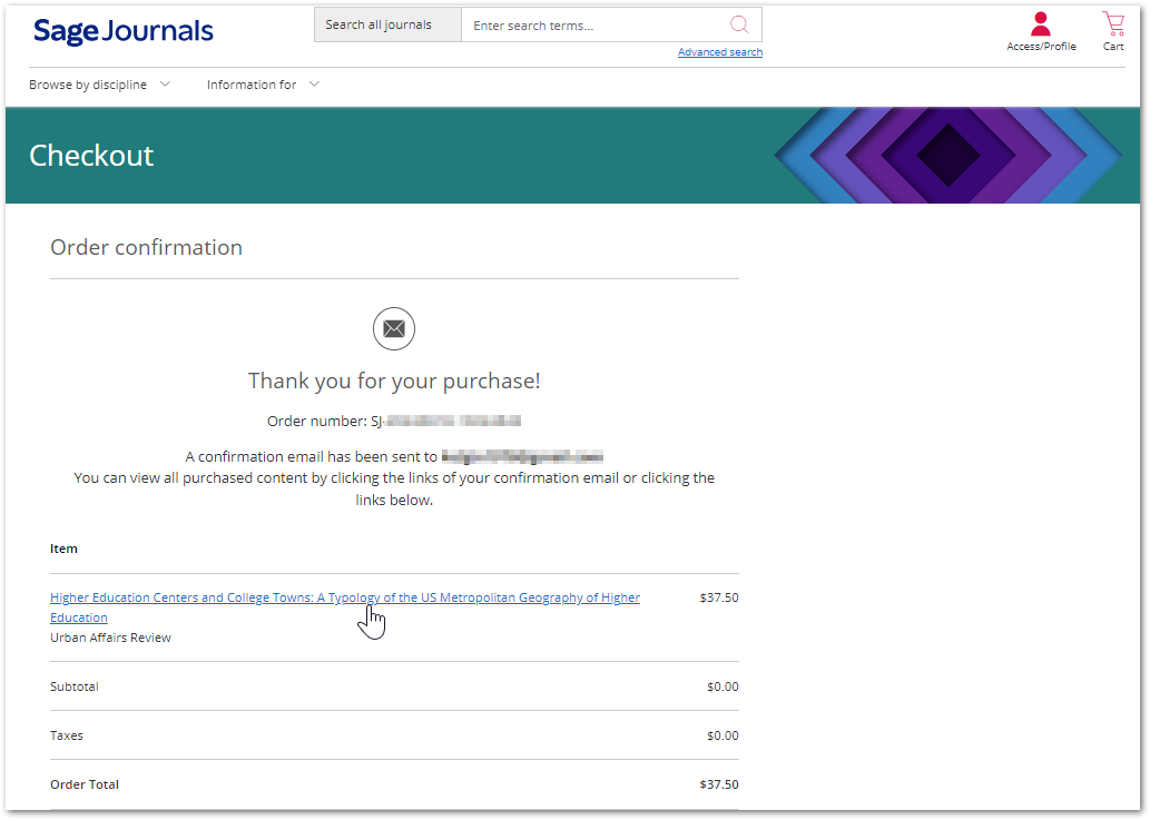 An example of the order confirmation screen which says "Thank you for your purchase" and it also displays an order number, notes that an email confirmation has been sent, and that you may click on the provided link to access your purchased article(s).