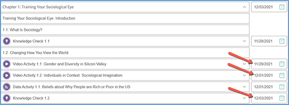 Instructor assignments page with expanded chapter displaying due dates.