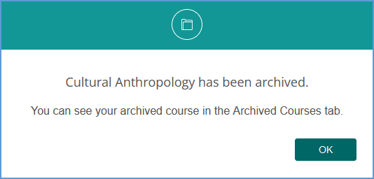 Course archived confirmation popup window.