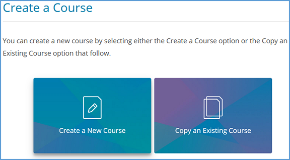 Create a Course page showing the options to create a new course or copy an existing course.