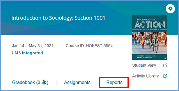 Instructor course tile with the "Reports" link highlighted.