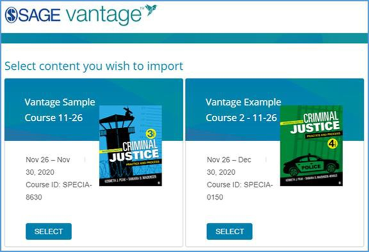 Choose the Select button beneath the Vantage course you want.