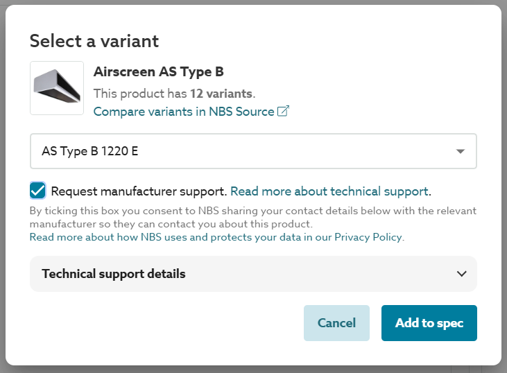 A screenshot of the 'Technical support details' is shown when the 'Request manufacturer support' option is checked.