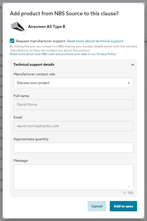 A screenshot of the 'Manufacturer contact role', 'Approximate quantity' and 'Message' fields.