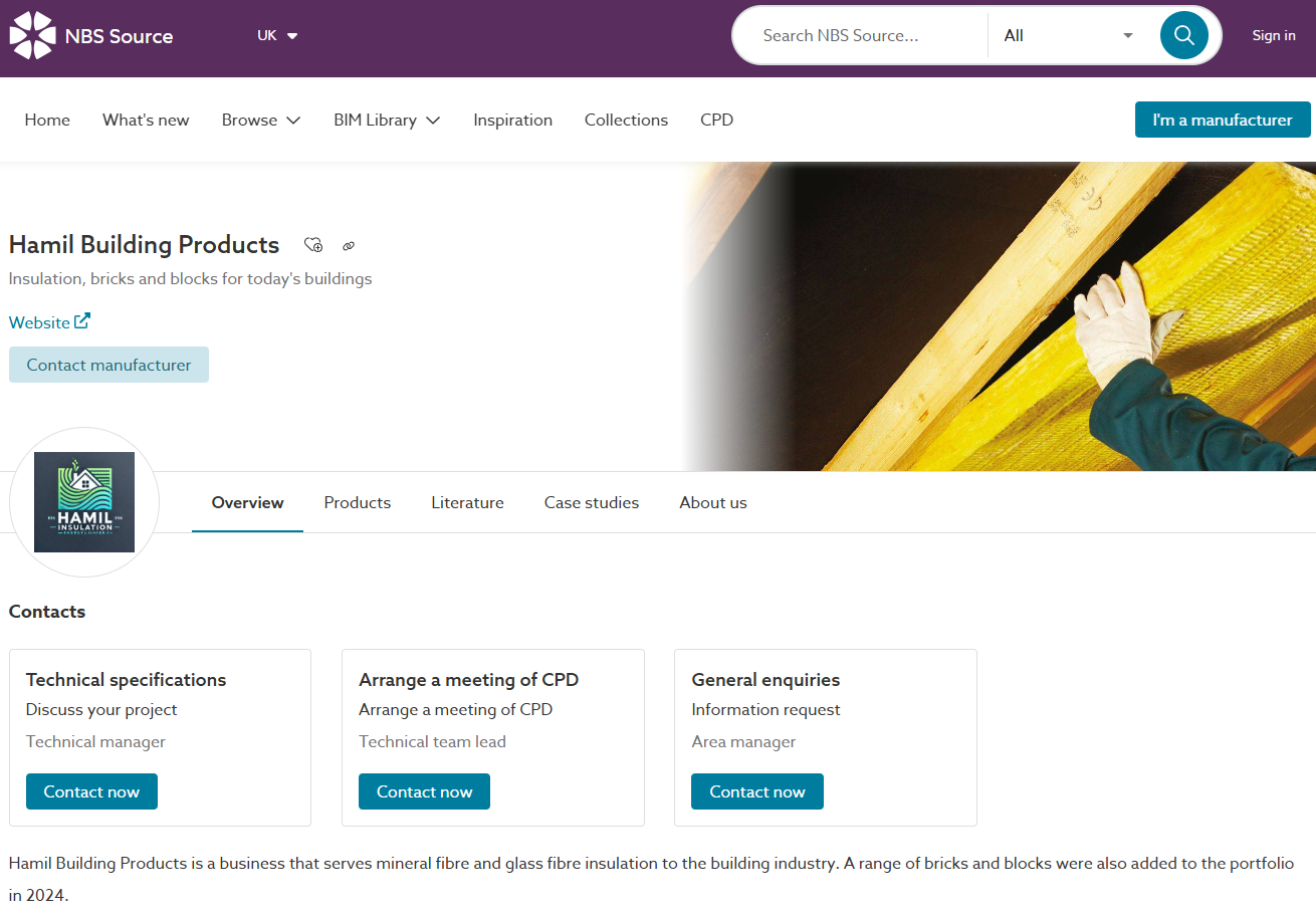 A screenshot of the contact details on the 'Overview' page for a manufacturer on Source'.