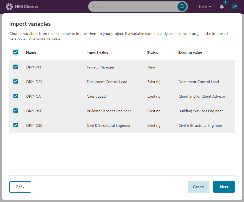 A screenshot showing the checkboxes to select the variable(s) you wish to import and which ones are new and already exist.