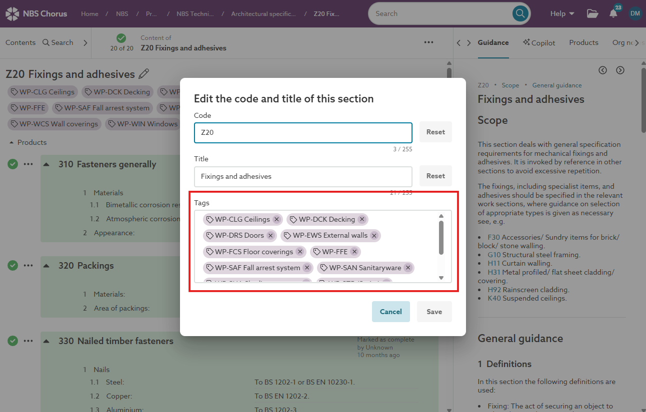 A screenshot showing tags added to a whole section, 'Z20 Fixings and adhesives'.