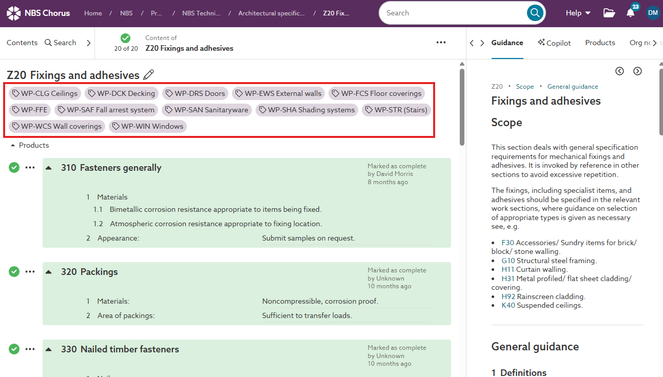 A screenshot showing a single section can be assigned with multiple work package tags.