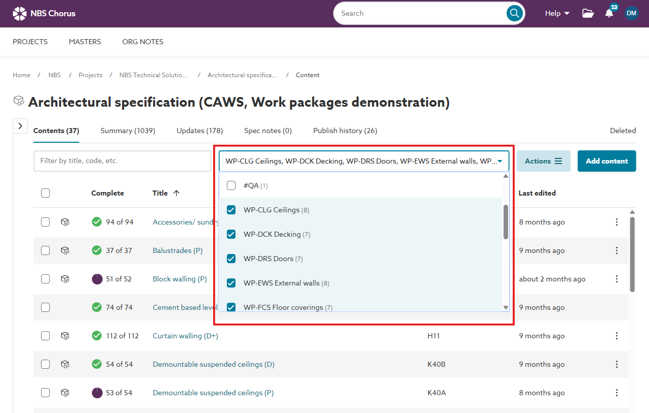 A screenshot displaying the selected work package tags on the 'Contents' tab to filter the data grid.
