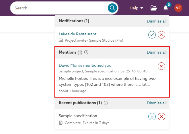 A screenshot of the alert in the 'Mentions' section of the 'Notifications' menu.