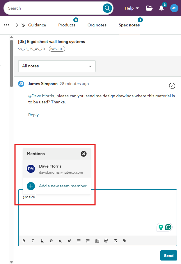 A screenshot of the '@' shortcut for starting a chat with someone in the 'Spec notes' or 'Master notes' panel.