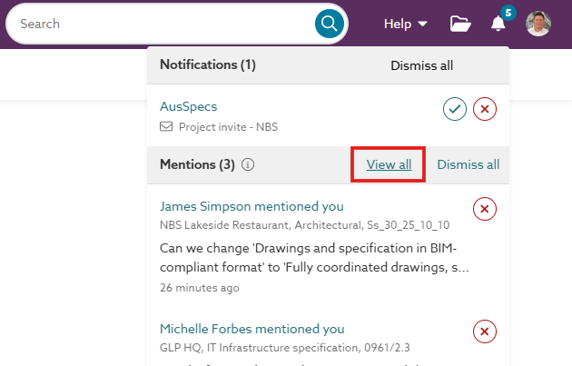 A screenshot of the 'View all' option on the Notifications menu'