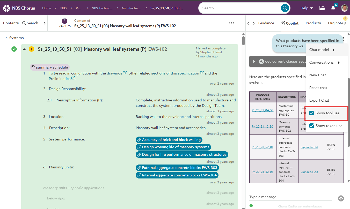 A screenshot of the 'Show tool use' setting in the 'Copilot' panel.
