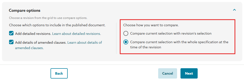 This is a screenshot of the compare options modal in the 'Compare' step.