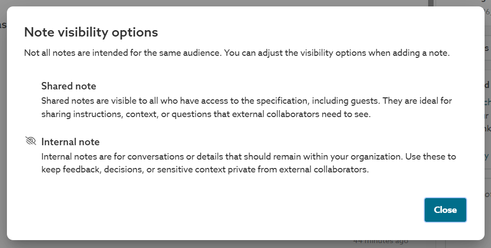 A screenshot of the 'Note visibility options' that describes a 'Shared note' versus an 'Internal note'.