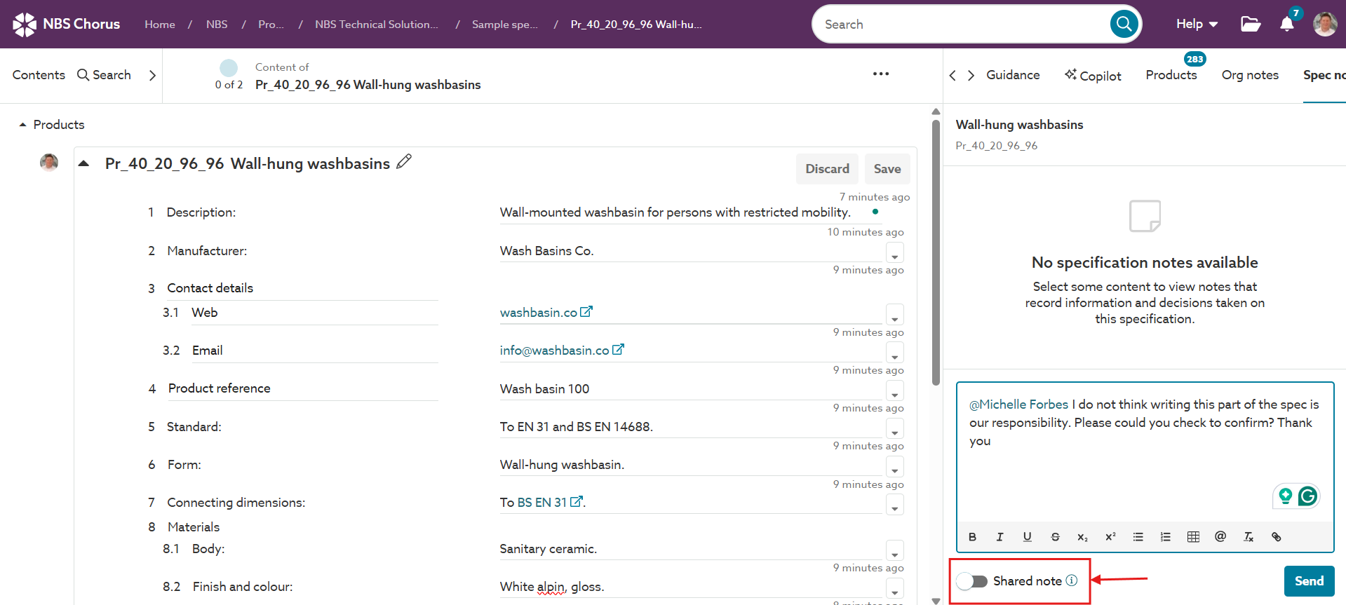 A screenshot of the 'Shared note' toggle within the 'Spec notes' panel.