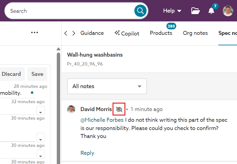 A screenshot of the 'Internal note' icon in the 'Spec notes' panel.