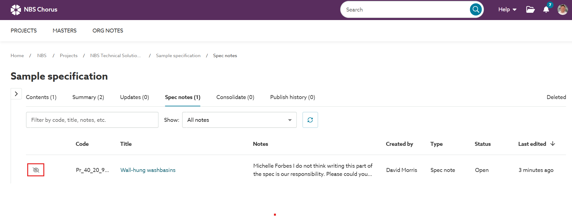 A screenshot of the 'Internal note' icon in the 'Spec notes' grid.