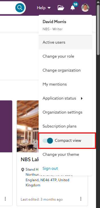 A screenshot of the 'Compact view' option on the profile menu in the top right corner of Chorus.