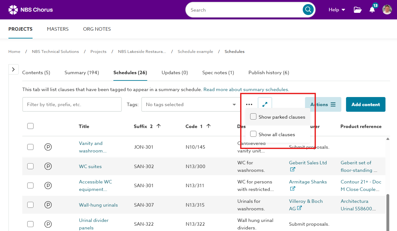 A screenshot of the 'Show parked articles or clauses' and 'Show untagged articles or clauses' in the 'Schedule' tab.
