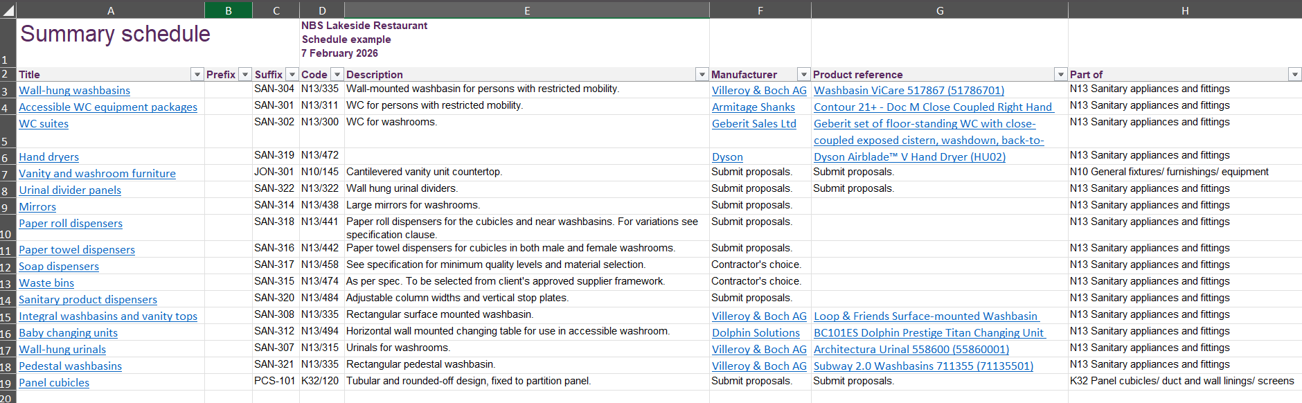 Screenshot of the Schedule export in MS Excel