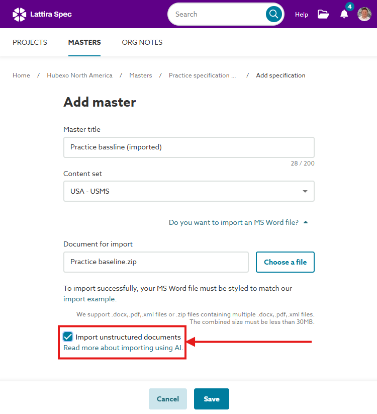 A screenshot of the 'Import unstructured documents' checkbox.