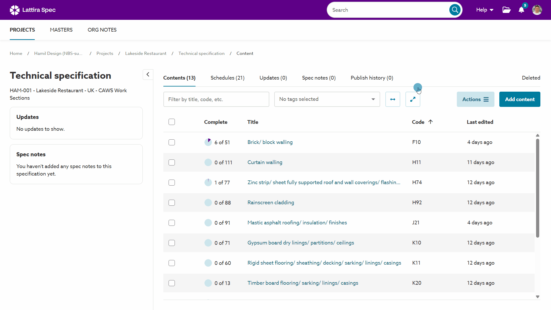 A screen capture to show switching between custom schedules within a single specification.