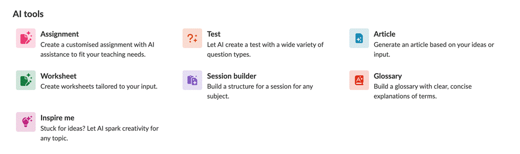 The AI tools panel in itslearning showing the Assignment, Test, Article, Worksheet, Session builder, Glossary, and Inspire me tiles