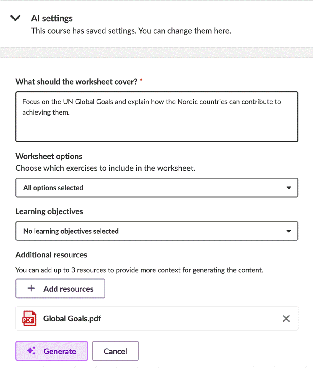 The Create worksheet with AI dialog with prompt field, Worksheet options dropdown, Learning objectives dropdown, Additional resources upload area, and Generate and Cancel buttons